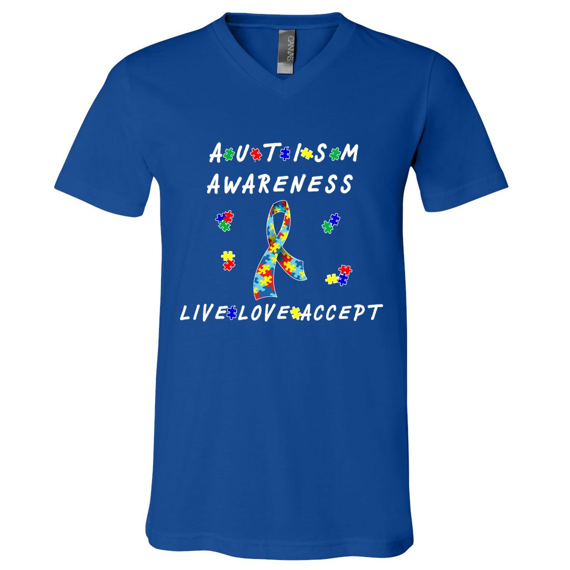 Live Love Accept Autism Puzzle Piece Ribbon V-Neck T-Shirt