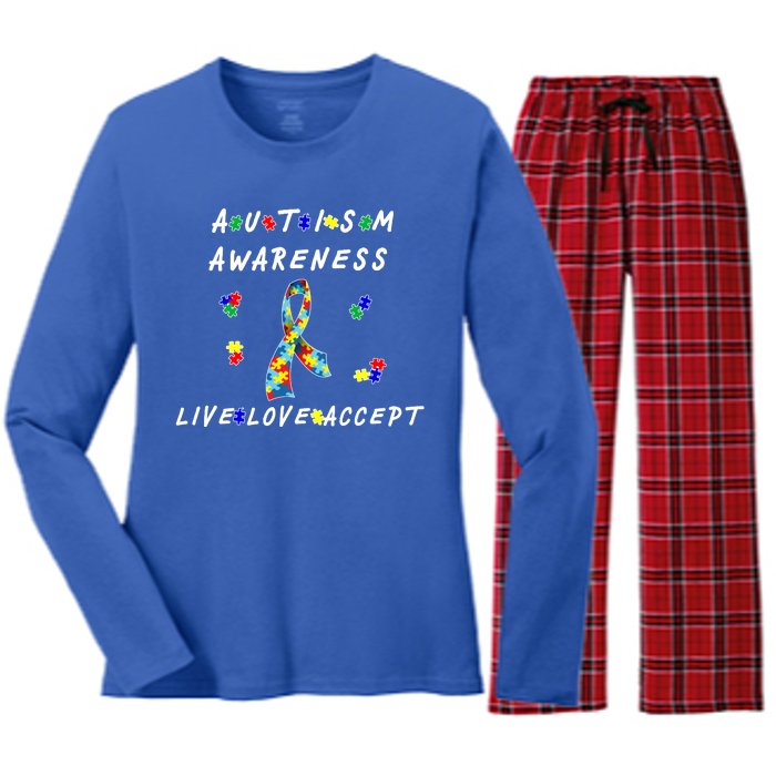 Live Love Accept Autism Puzzle Piece Ribbon Women's Long Sleeve Flannel Pajama Set 