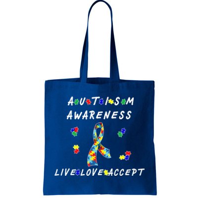 Live Love Accept Autism Puzzle Piece Ribbon Tote Bag