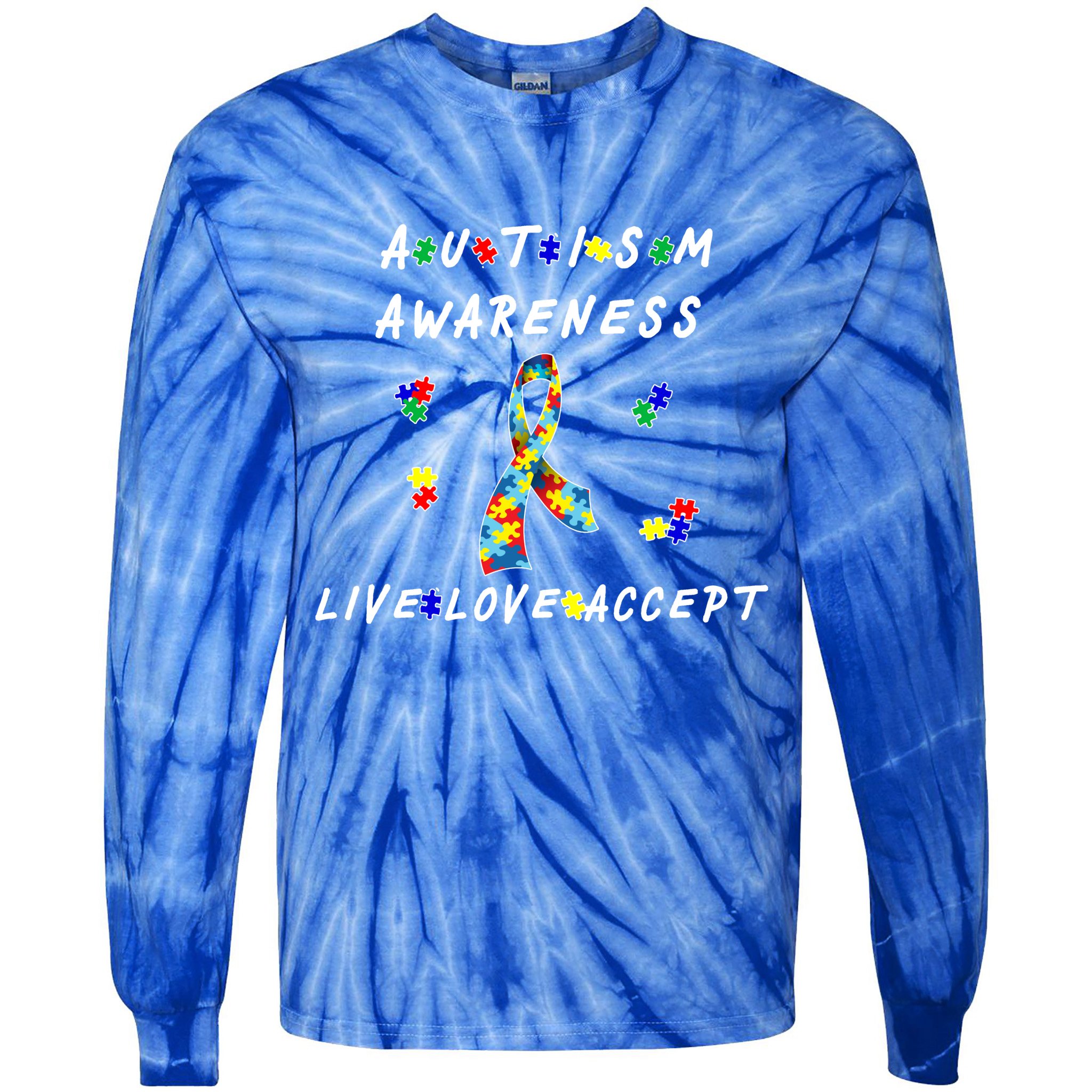 Live Love Accept Autism Puzzle Piece Ribbon Tie-Dye Long Sleeve Shirt