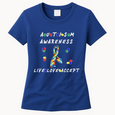 Live Love Accept Autism Puzzle Piece Ribbon Womens T-Shirt