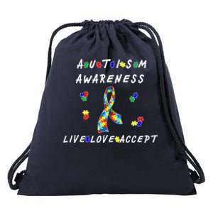 Live Love Accept Autism Puzzle Piece Ribbon Drawstring Bag