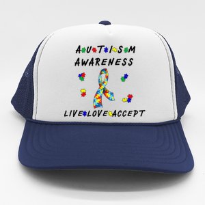 Live Love Accept Autism Puzzle Piece Ribbon Trucker Hat