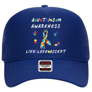 Live Love Accept Autism Puzzle Piece Ribbon High Crown Mesh Back Trucker Hat