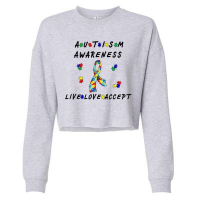 Live Love Accept Autism Puzzle Piece Ribbon Cropped Pullover Crew