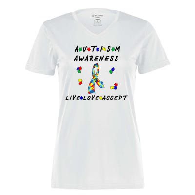 Live Love Accept Autism Puzzle Piece Ribbon Women's Momentum V-Neck T-Shirt