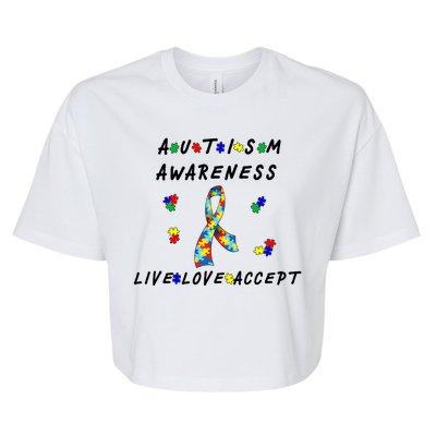 Live Love Accept Autism Puzzle Piece Ribbon Bella+Canvas Jersey Crop Tee