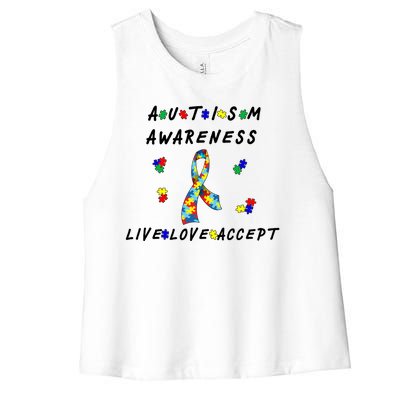 Live Love Accept Autism Puzzle Piece Ribbon Women's Racerback Cropped Tank