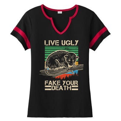 Live Ugly Fake Your Death Retro Vintage Opossum Ladies Halftime Notch Neck Tee