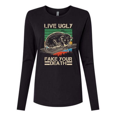 Live Ugly Fake Your Death Retro Vintage Opossum Womens Cotton Relaxed Long Sleeve T-Shirt