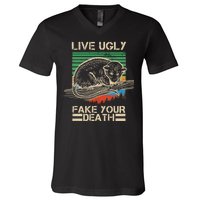 Live Ugly Fake Your Death Retro Vintage Opossum V-Neck T-Shirt