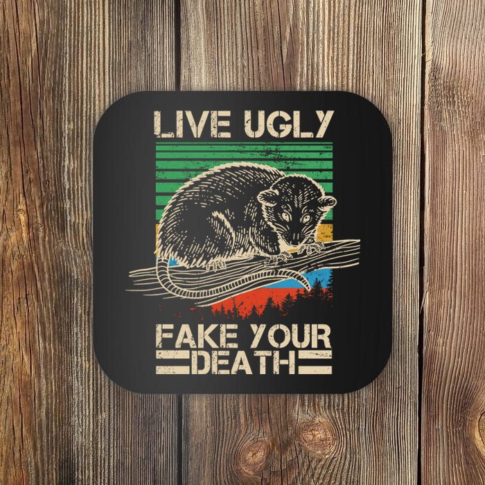 Live Ugly Fake Your Death Retro Vintage Opossum Coaster