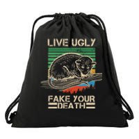 Live Ugly Fake Your Death Retro Vintage Opossum Drawstring Bag