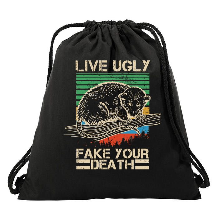 Live Ugly Fake Your Death Retro Vintage Opossum Drawstring Bag