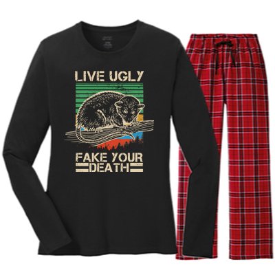 Live Ugly Fake Your Death Retro Vintage Opossum Women's Long Sleeve Flannel Pajama Set 