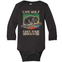 Live Ugly Fake Your Death Retro Vintage Opossum Baby Long Sleeve Bodysuit