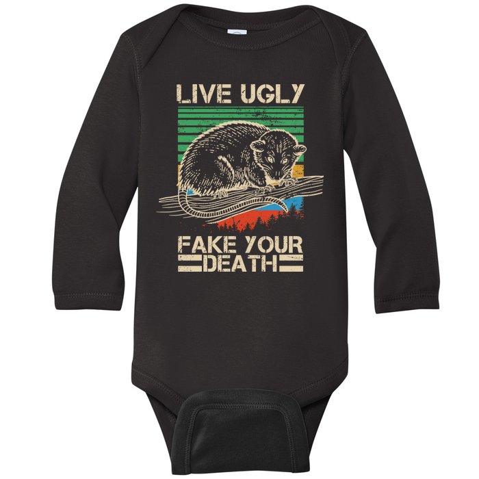 Live Ugly Fake Your Death Retro Vintage Opossum Baby Long Sleeve Bodysuit