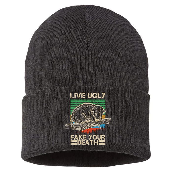 Live Ugly Fake Your Death Retro Vintage Opossum Sustainable Knit Beanie