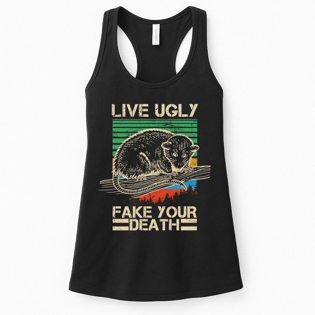 Live Ugly Fake Your Death Retro Vintage Opossum Womens Tank Top
