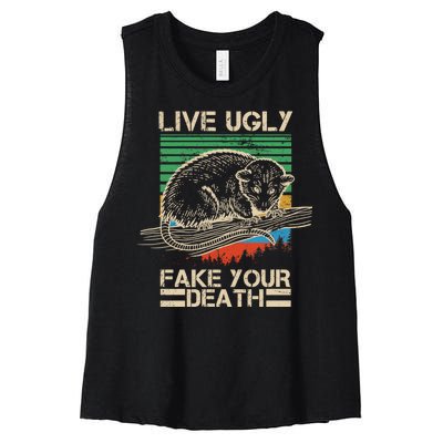 Live Ugly Fake Your Death Retro Vintage Opossum Women's Racerback Cropped Tank