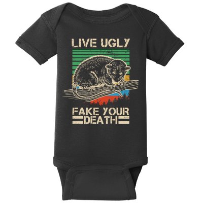 Live Ugly Fake Your Death Retro Vintage Opossum Baby Bodysuit