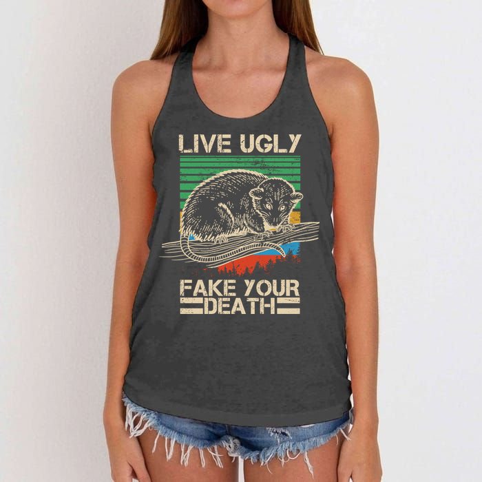 Live Ugly Fake Your Death Retro Vintage Opossum Women's Knotted Racerback Tank