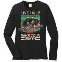 Live Ugly Fake Your Death Retro Vintage Opossum Ladies Long Sleeve Shirt