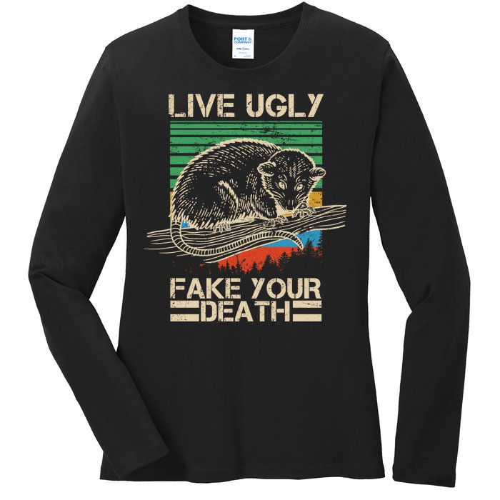 Live Ugly Fake Your Death Retro Vintage Opossum Ladies Long Sleeve Shirt