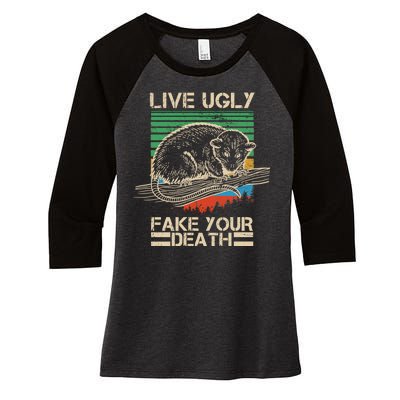 Live Ugly Fake Your Death Retro Vintage Opossum Women's Tri-Blend 3/4-Sleeve Raglan Shirt