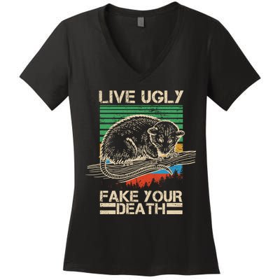 Live Ugly Fake Your Death Retro Vintage Opossum Women's V-Neck T-Shirt