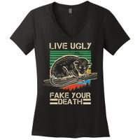 Live Ugly Fake Your Death Retro Vintage Opossum Women's V-Neck T-Shirt