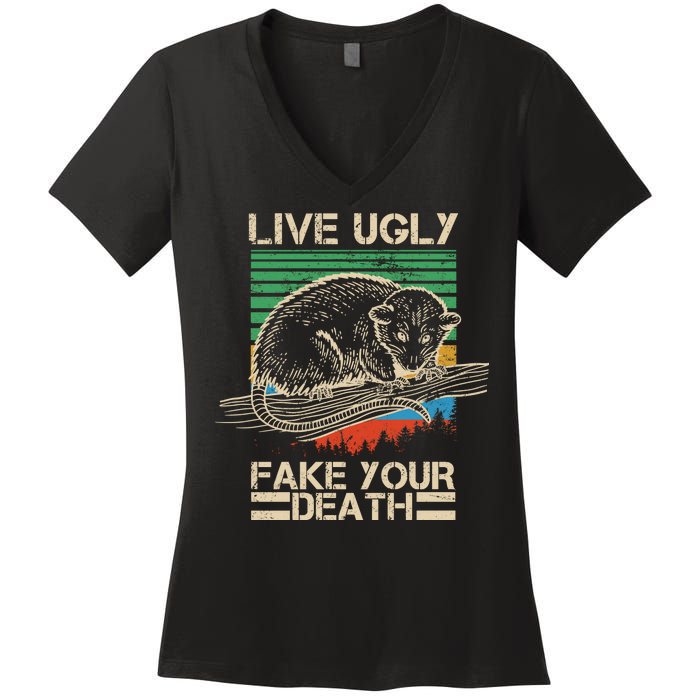 Live Ugly Fake Your Death Retro Vintage Opossum Women's V-Neck T-Shirt