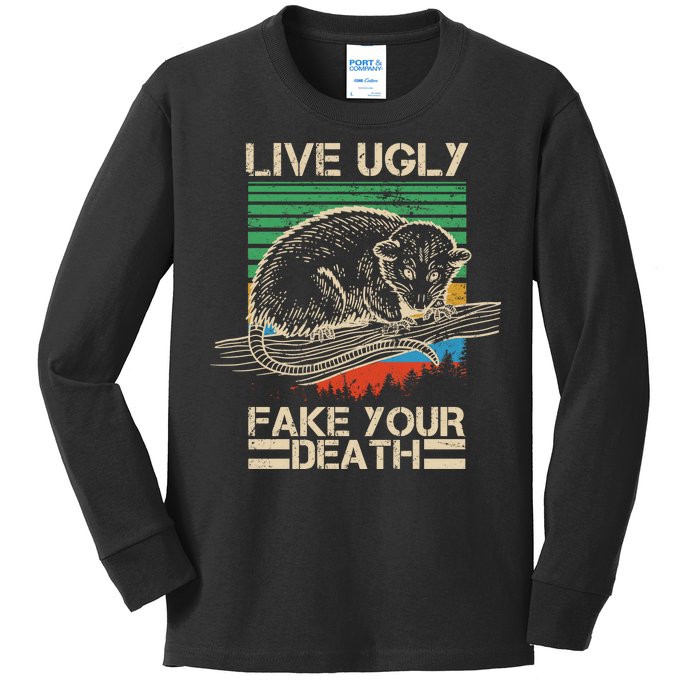 Live Ugly Fake Your Death Retro Vintage Opossum Kids Long Sleeve Shirt