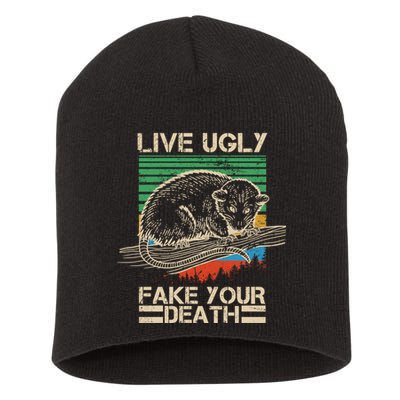 Live Ugly Fake Your Death Retro Vintage Opossum Short Acrylic Beanie