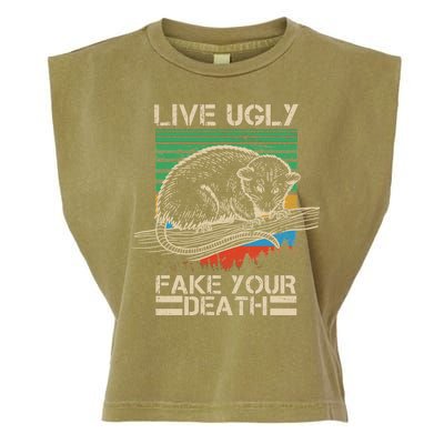 Live Ugly Fake Your Death Retro Vintage Opossum Garment-Dyed Women's Muscle Tee