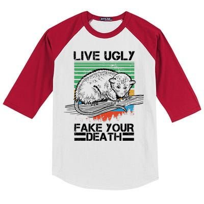 Live Ugly Fake Your Death Retro Vintage Opossum Kids Colorblock Raglan Jersey