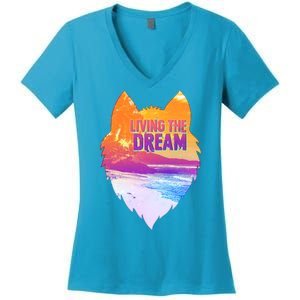 Living The Dream Californian Beach Wolf Head Women's V-Neck T-Shirt