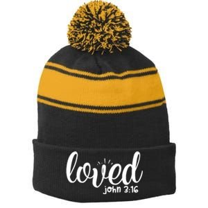 Loved John 3:16 Quote Stripe Pom Pom Beanie