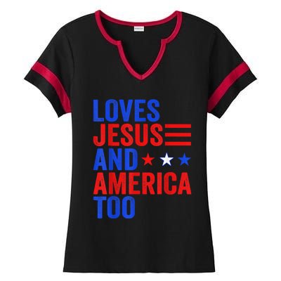 Loves Jesus And America Too God Christian 4th Of July Ladies Halftime Notch Neck Tee