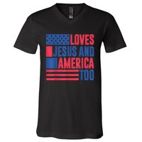 Loves Jesus And America Too 4th Of July Patriotic Wo  V-Neck T-Shirt