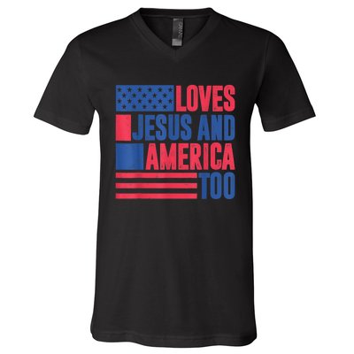 Loves Jesus And America Too 4th Of July Patriotic Wo  V-Neck T-Shirt