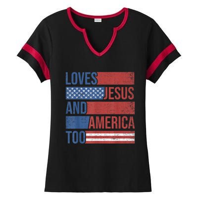 Loves Jesus And America Too 4th of July Proud Wo  Ladies Halftime Notch Neck Tee