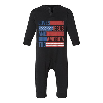 Loves Jesus And America Too 4th of July Proud Wo  Infant Fleece One Piece