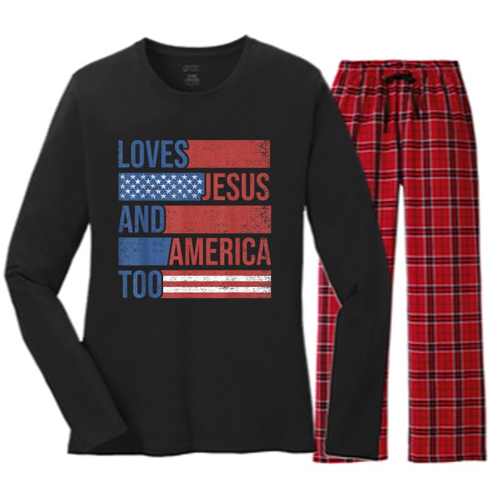 Loves Jesus And America Too 4th of July Proud Wo  Women's Long Sleeve Flannel Pajama Set 