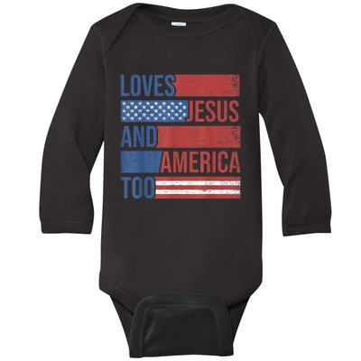 Loves Jesus And America Too 4th of July Proud Wo  Baby Long Sleeve Bodysuit