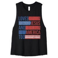 Loves Jesus And America Too 4th of July Proud Wo  Women's Racerback Cropped Tank