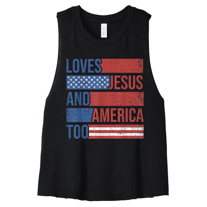 Loves Jesus And America Too 4th of July Proud Wo  Women's Racerback Cropped Tank