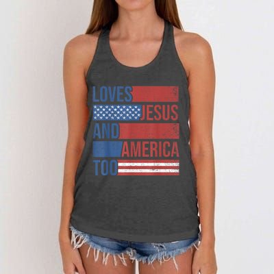 Loves Jesus And America Too 4th of July Proud Wo  Women's Knotted Racerback Tank