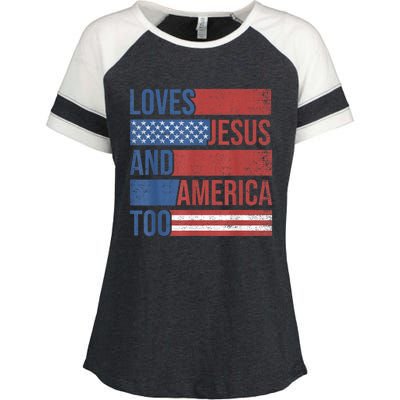 Loves Jesus And America Too 4th of July Proud Wo  Enza Ladies Jersey Colorblock Tee