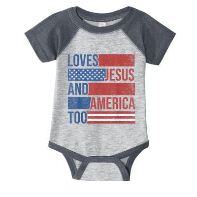 Loves Jesus And America Too 4th of July Proud Wo  Infant Baby Jersey Bodysuit